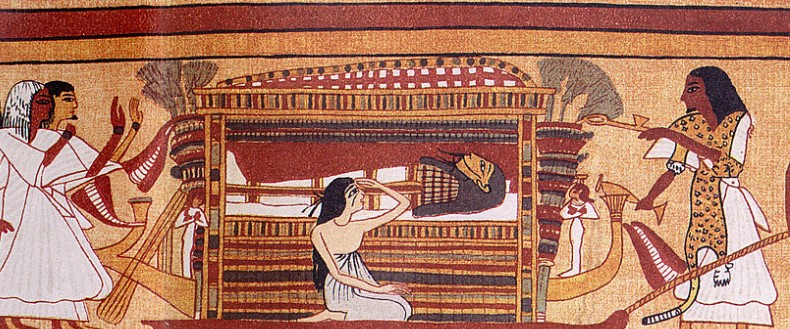 An ancient Egyptian funeral procession depicted in the Book of the Dead - from the funeray papyrus of Ani. ni's mummy is carried in the funeral procession. At the far right are the oxen pulling the bier on its sledge and the men guiding the procession, followed by a funerary priest. Next to the bier is Ani's grieving wife Tutu; on each side are small figures of Isis and Nephthys. Behind the bier are male mourners. At the far left, men pull the box containing the canopic jars while others carry goods to be placed in the tomb.