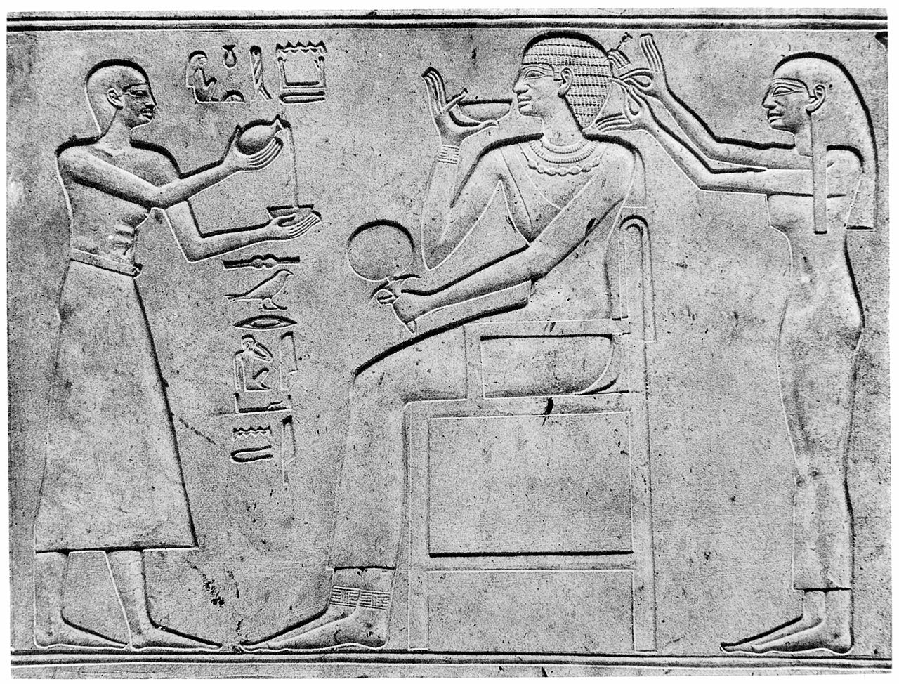 Queen Kawit having her hair styled by Innu, 11th Dynasty sarcophagus in Cairo Museum c) wikipedia.