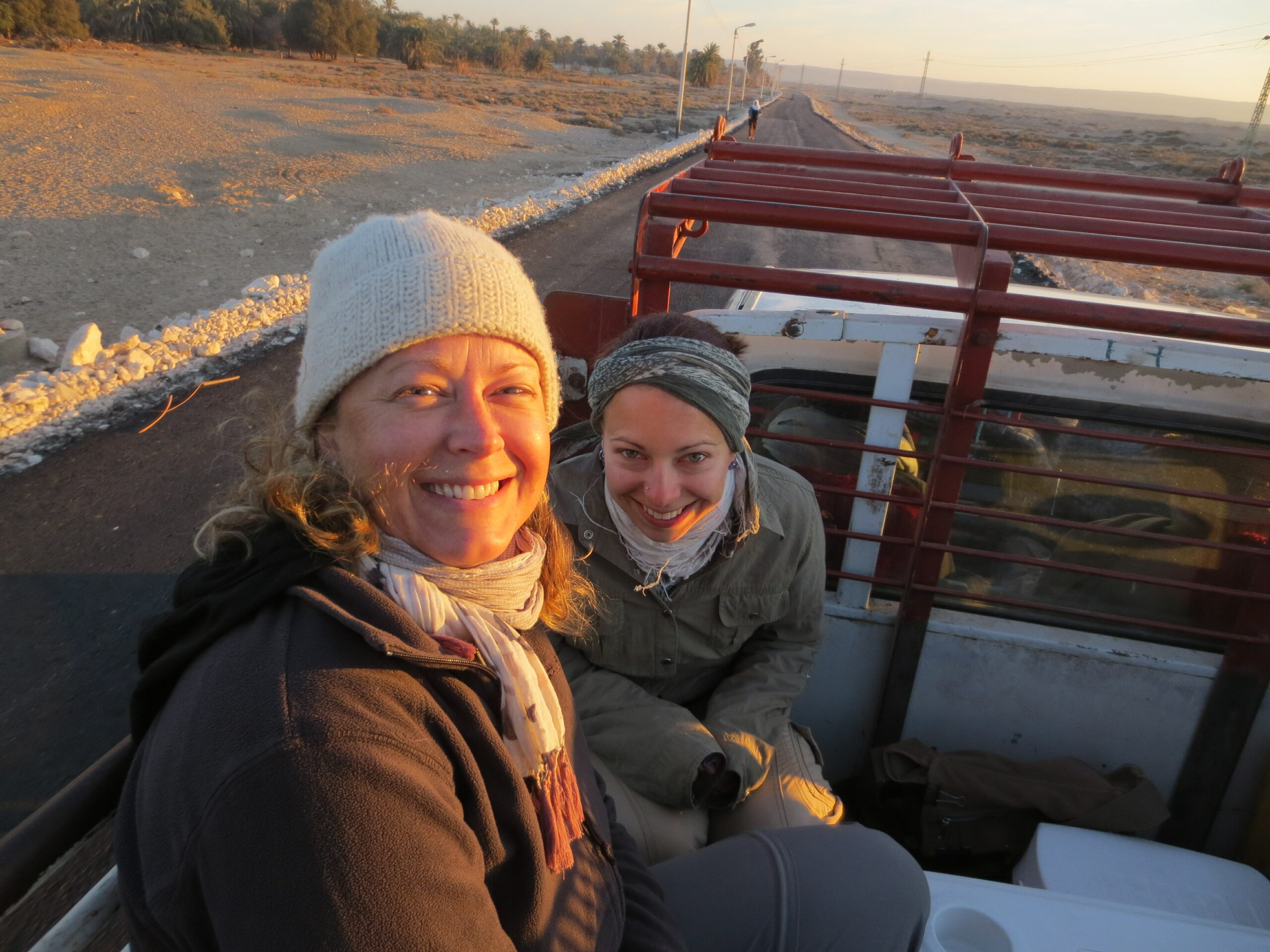 The windy early morning drive to the temple site - with Sue Kelly and Anna Hodgkinson