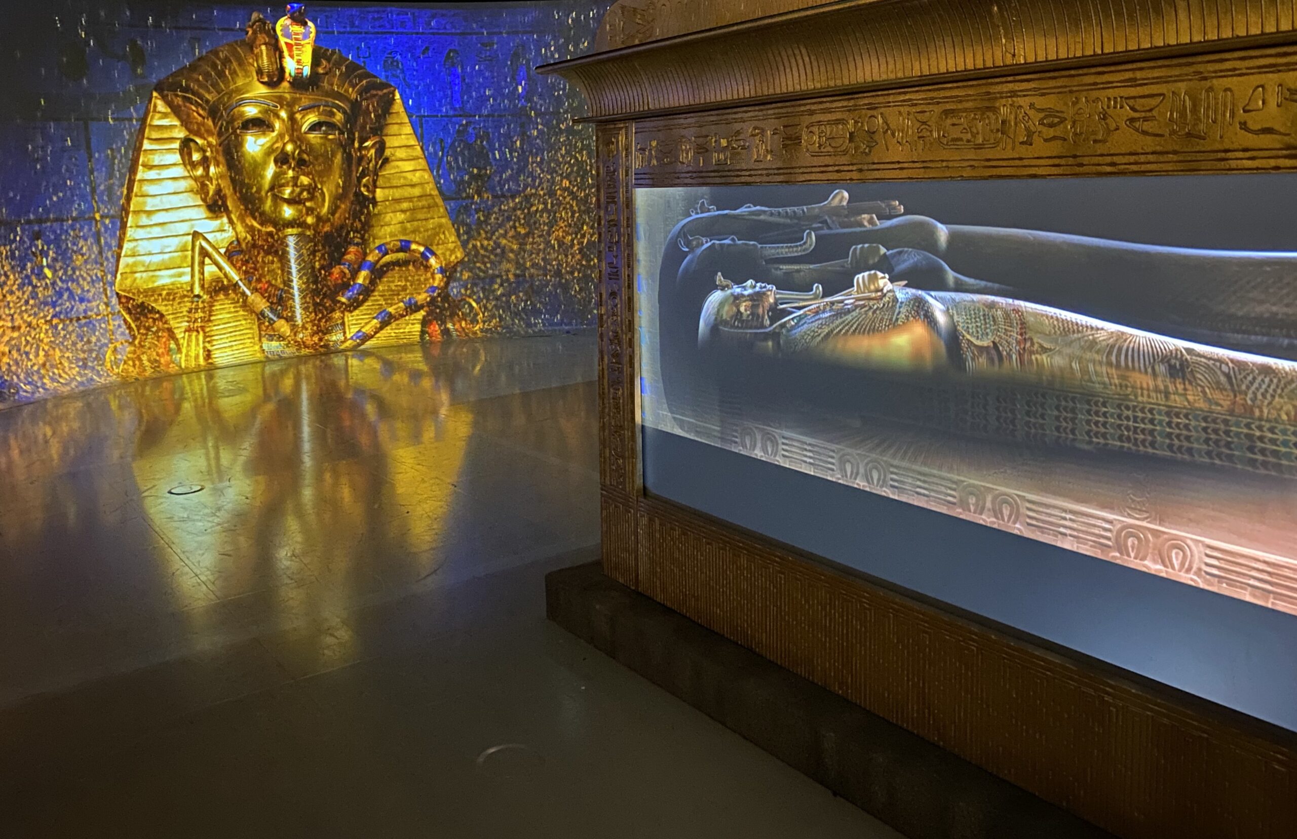 Projected image of King Tut's nested coffins within the inner shrine at Beyond King Tut exhibit