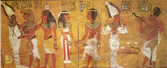 Image from the tomb of Tutankhamun. The image represent King Tut dead and around different priest and priestesses who prepare his body for the journey to the Afterlife he is about to start.