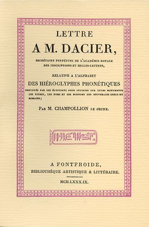 Cover page of Lettre A. M. Dacier. where Champollion first published his findings