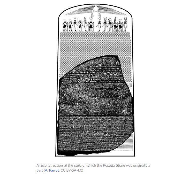 Complete image of the Rosetta Stone and the reconstruction of the possible stele that it could have been part of.