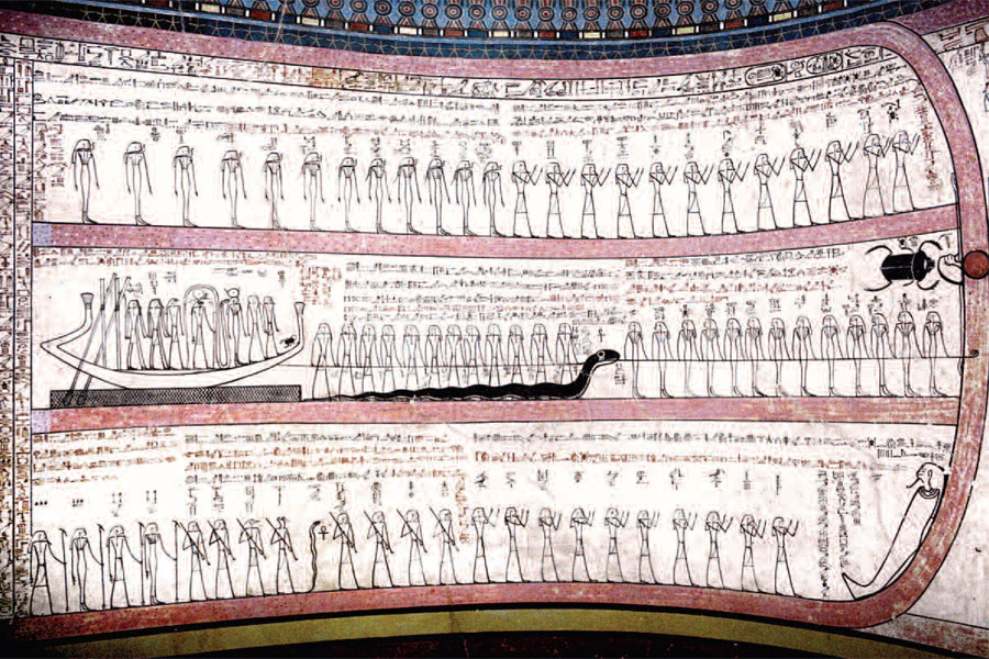 Image of the Book of the Amduat of the tomb of Tuthmose III. The image is divided in three rows. The first and third ones are covered with people organized in al single line. In the middle, a boat full of people appears next to a snake and another line of people.