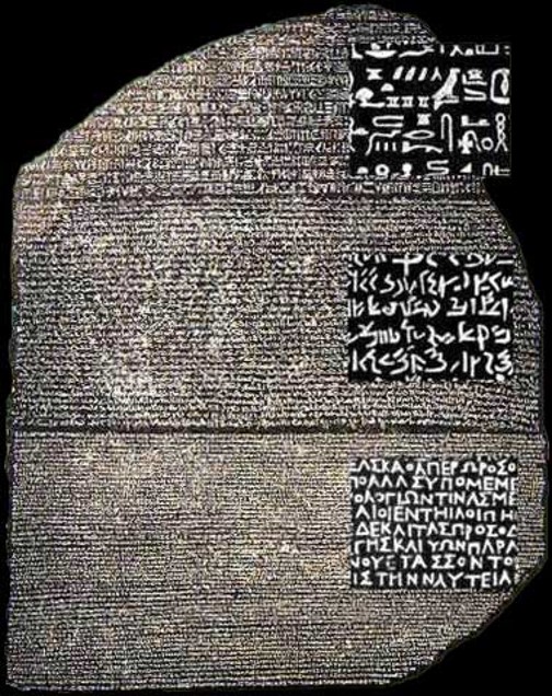 Image of the Rosetta Stone with the three different scripts.