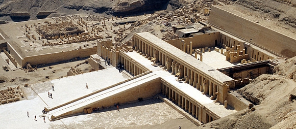 A view of Hathsepsut temple and Mentuhotep II's destroyed temple from above